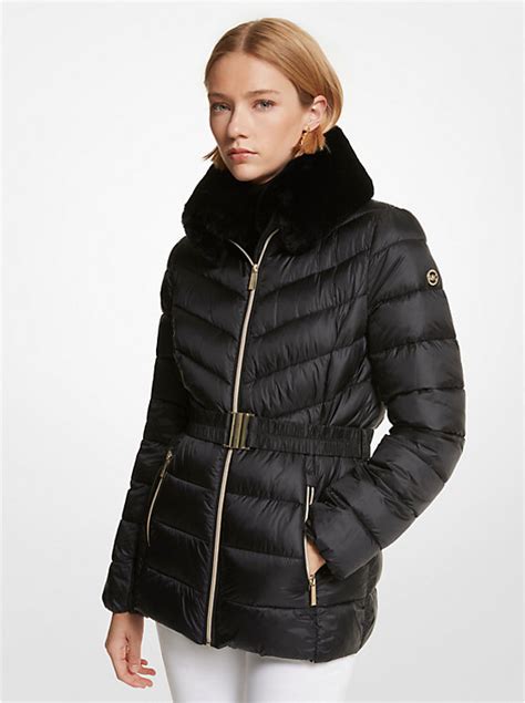 faux fur trim puffer jacket michael kors|Faux Fur Trim Quilted Nylon Packable Puffer Jacket .